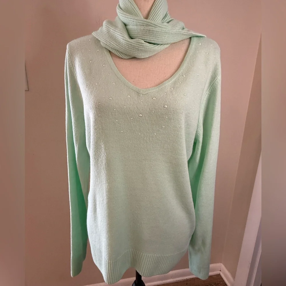 Rebecca Malone mint green pearl bead sweater & detachable fringe scarf SZ LG - Picture 2 of 13